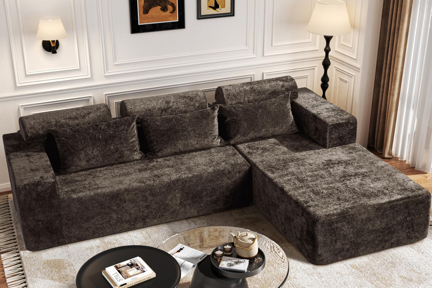 Homguava Modular Sectional Couches for Living Room,105" Cloud Couch with L-Shape Chaise,Comfy Sofa Living Room Couch with Deep Seat,No Assembly L Couch,Luxury Distressed Velvet(Yellow Brown,R)
