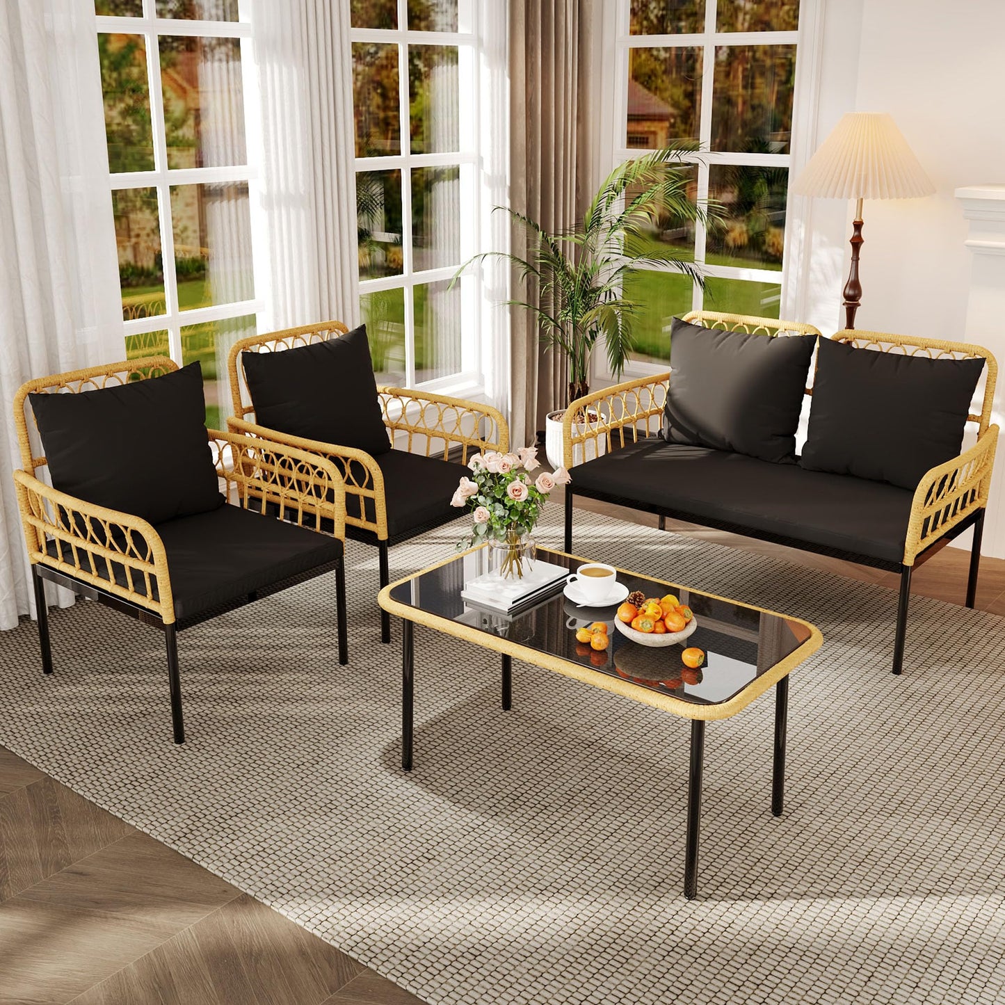 GarveeLife 4 Pieces Patio Furniture Sets Wicker Outdoor Patio Table and Chairs Set with Glass Side Table, Loveseat Chairs, Boho Rattan 4 Seater Conversation Sets for Backyard, Porch, Bistro, Black