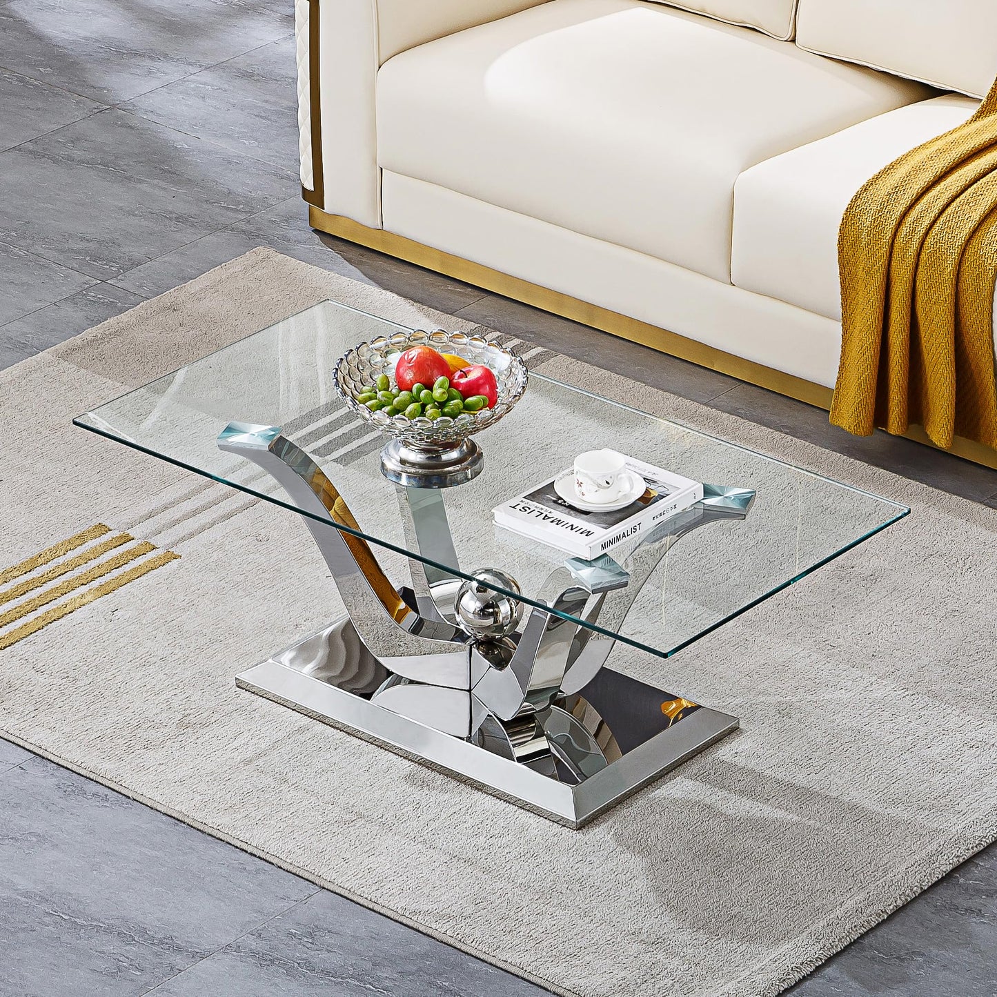 HomVent 47" Coffee Table, Tempered Glass Coffee Tables for Living Room, Entryway Bedside Table, Modern Side Tables Bedroom with Mirror Finish Stainless Steel Base