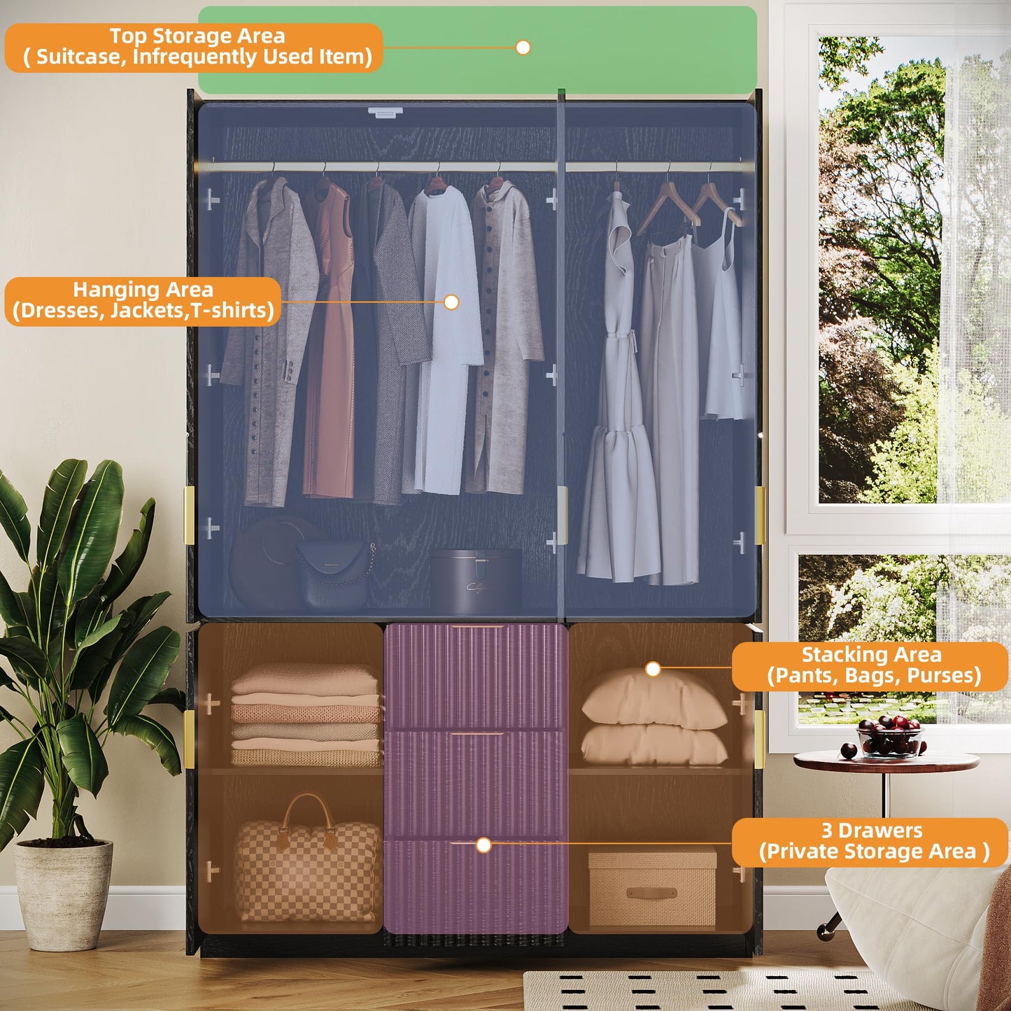 TOKSOM 71" Wardrobe Armoire Wooden Closet with 3 Doors 3 Drawer and 2 Cabinet, Bedroom Armoire with Hanging Rod Shelf, Modern Wooden Bedroom Armoire Freestanding Wood Closet Storage Cabinet
