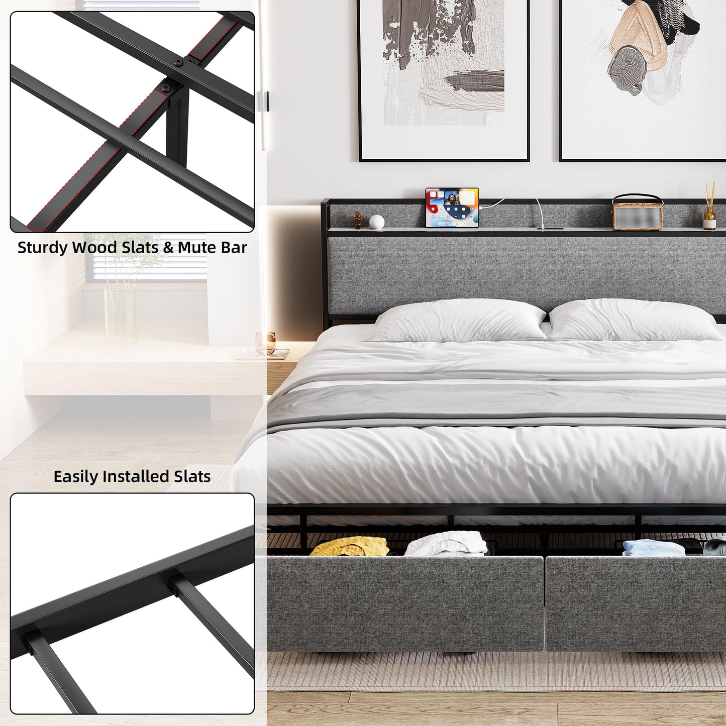 GarveeHome King Size Bed Frame with 2 Storage Drawers and USB Ports, Modern Platform Bed with Upholstered Shelf Headboard, Sturdy, Noise Free, No Box Spring Needed, Gray