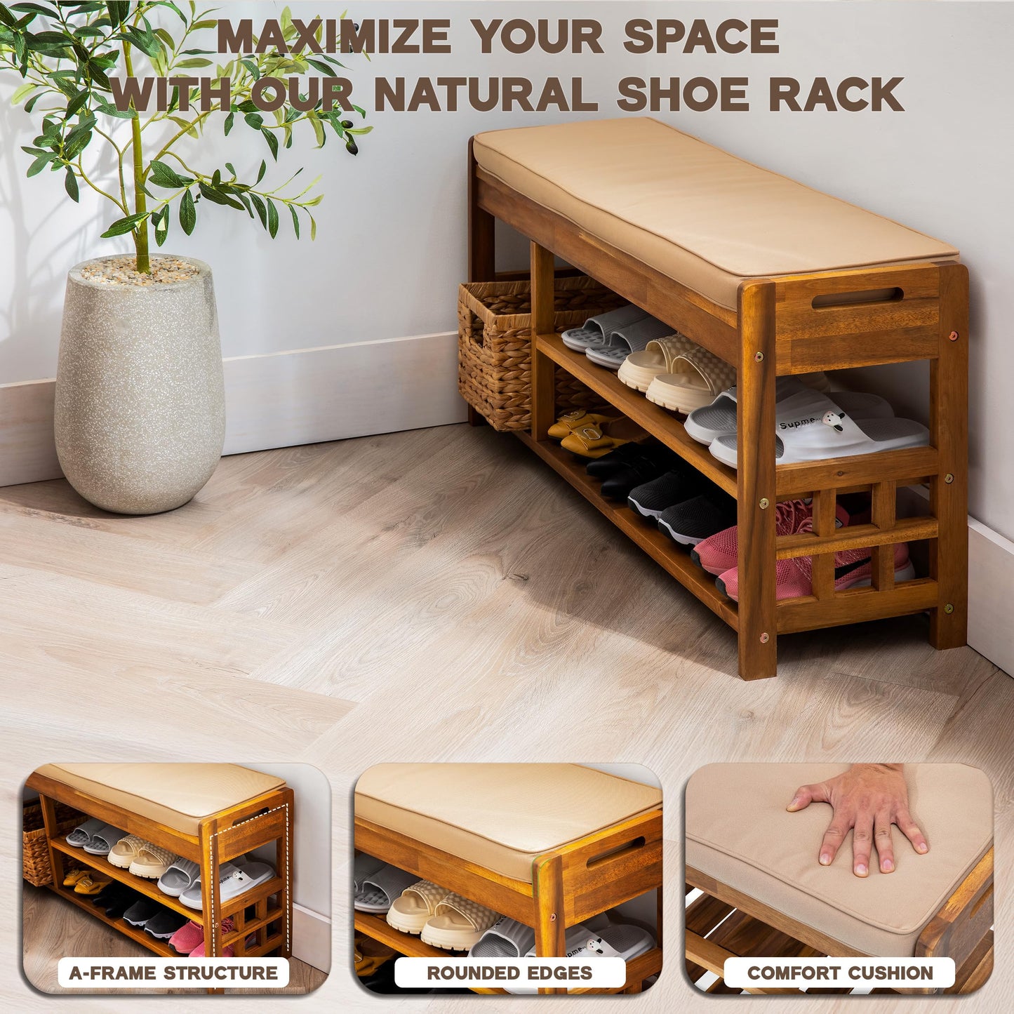 VICTORY RELAX Wooden Shoe Storage with Bench Seat - Natural Acacia Wood Entryway Organizer with Cushioned Top & Easy-Move Handles - Multi-Level Shoe Shelf (39.4 x 11.6X 19.29)