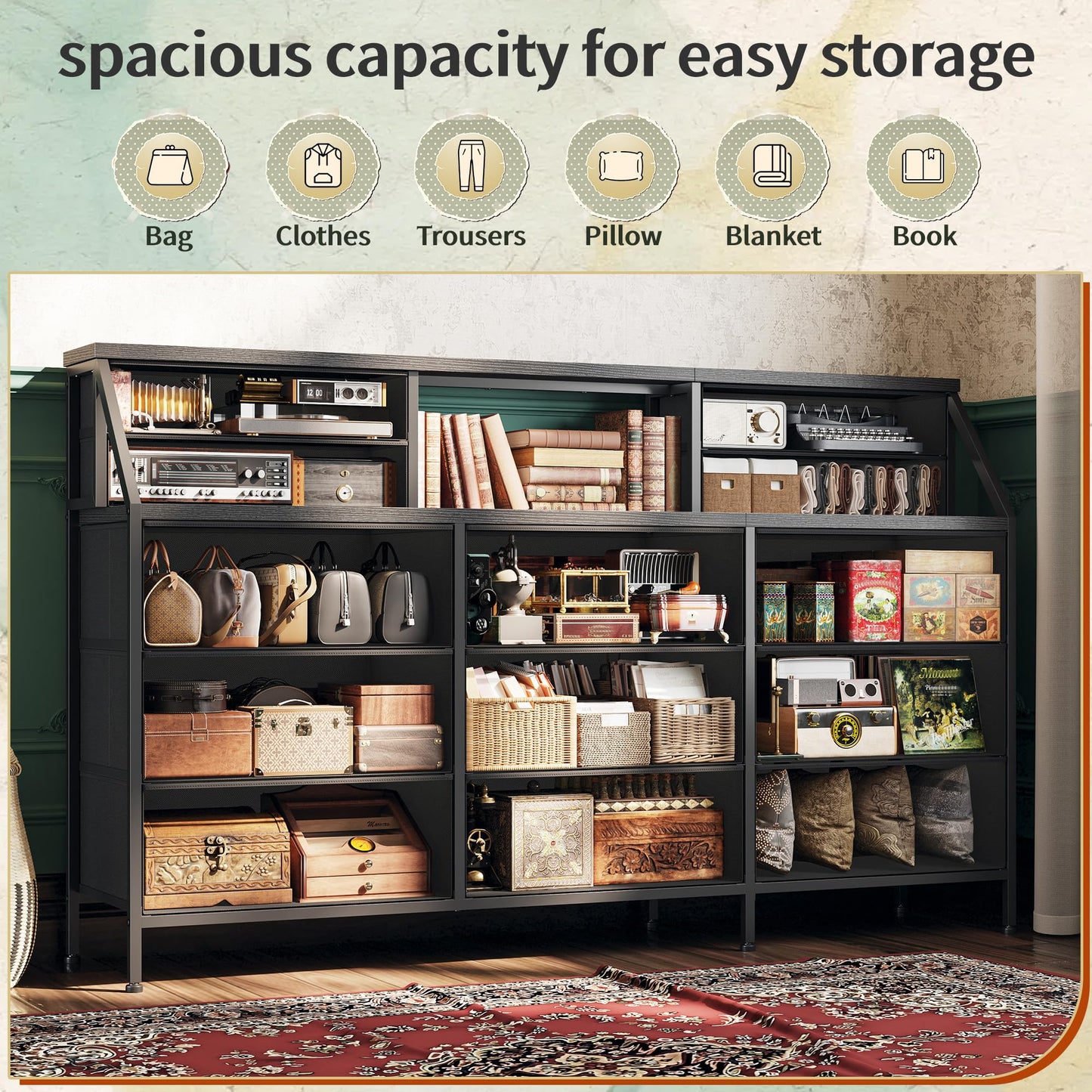 Romorgniz 55" W Black Dresser for Bedroom, Dressers & Chests of Drawers with 13 Fabric Drawers and 2 Extra Open Shelves, Long Vanity Dressers for Bedroom & Closet, Metal Frame & Wooden Top