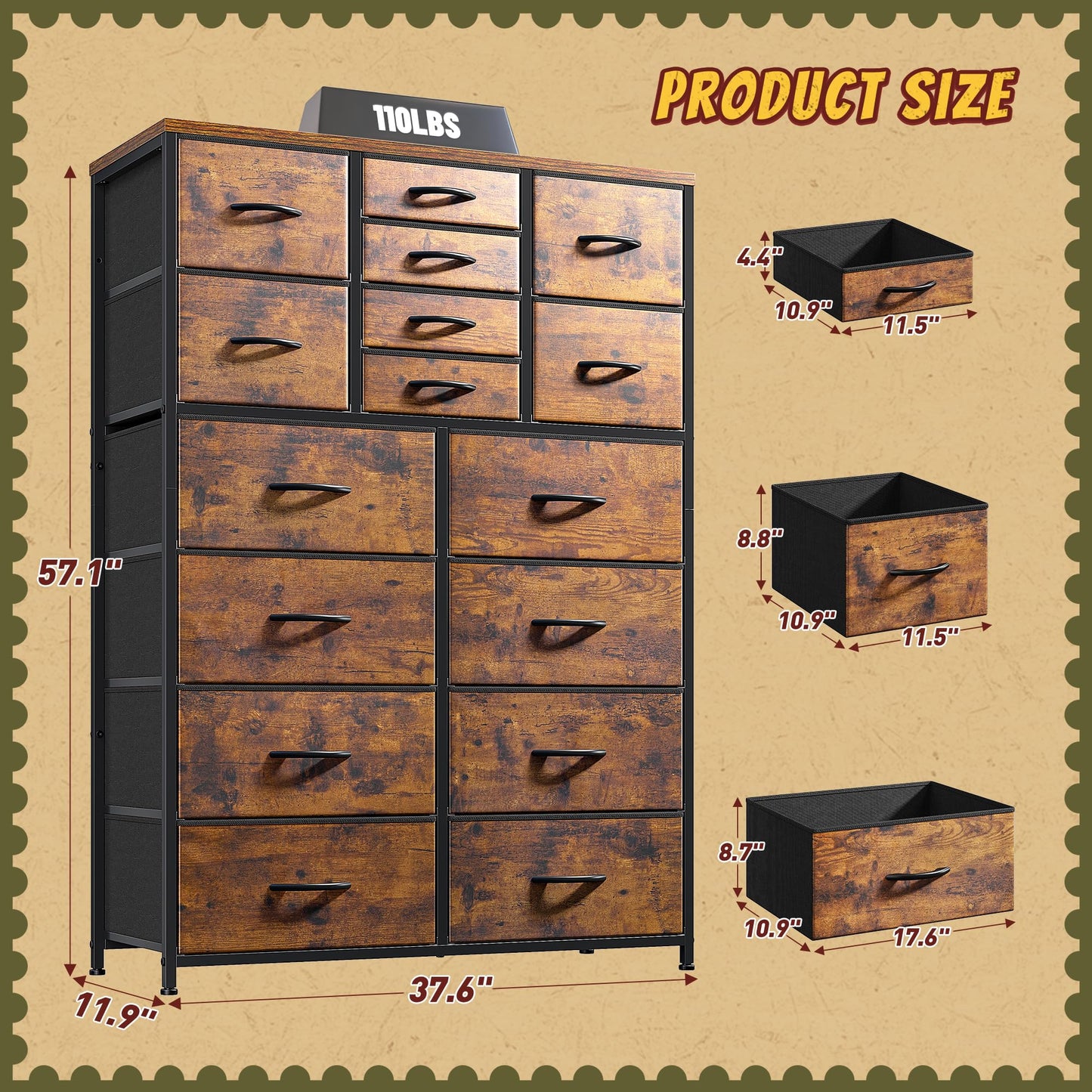 Romorgniz 57“H Tall Dresser for Bedroom with 16 Drawers,Fabric Dressers & chests of Drawers for Bedroom,Large Dresser for Closet,Sturdy Metal Frame & Wood Top,Entryway, Hallway(Rustic Brown)