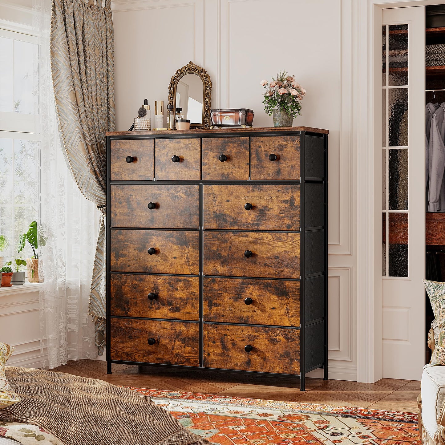 Romorgniz Tall Dressers for Bedroom with 12 Drawers, Fabric Storage Dressers & Chests of Drawers, Sturdy Metal Frame, Wood Top, Closet, Entryway, Bedroom Furniture (Rustic Brown)