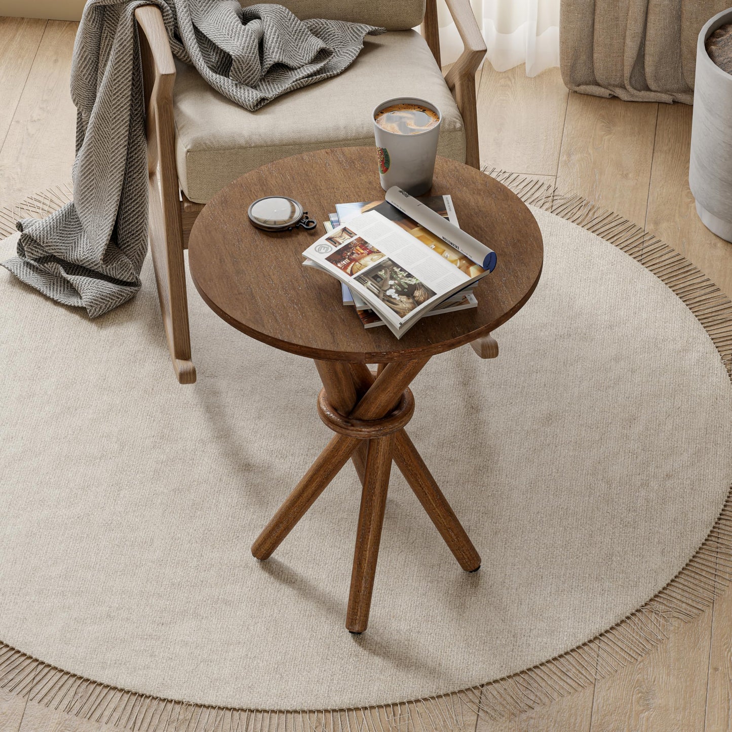 COZAYH Round Wood End Table Farmhouse Wooden Side Table Rustic Plant Stand with Bundled Legs for Living Room, Office, Walnut