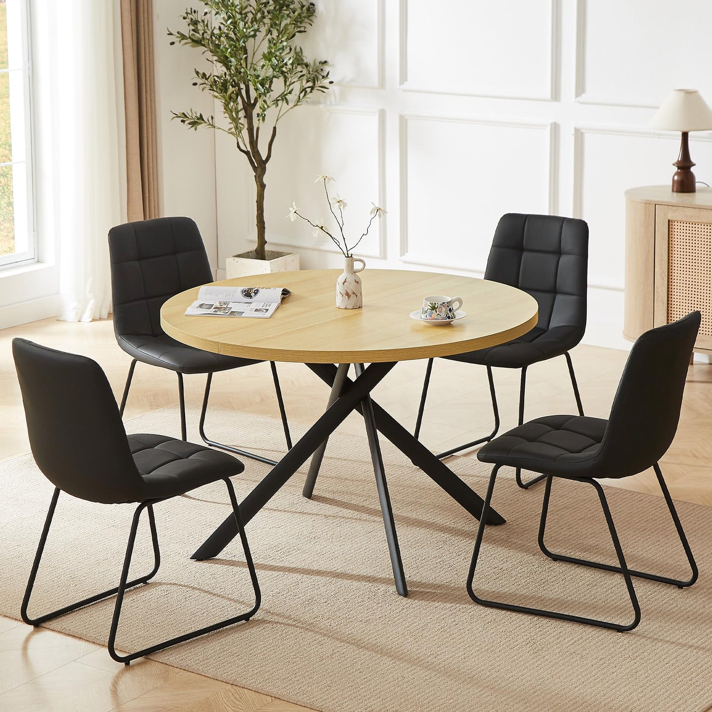 HIPIHOM 45.3 Inch Round Dining Table Set for 4, Mid Century Modern Small Coffee Set for Dining Room Kitchen Apartment (Cream Table + 4 U-Shaped Black Chairs)