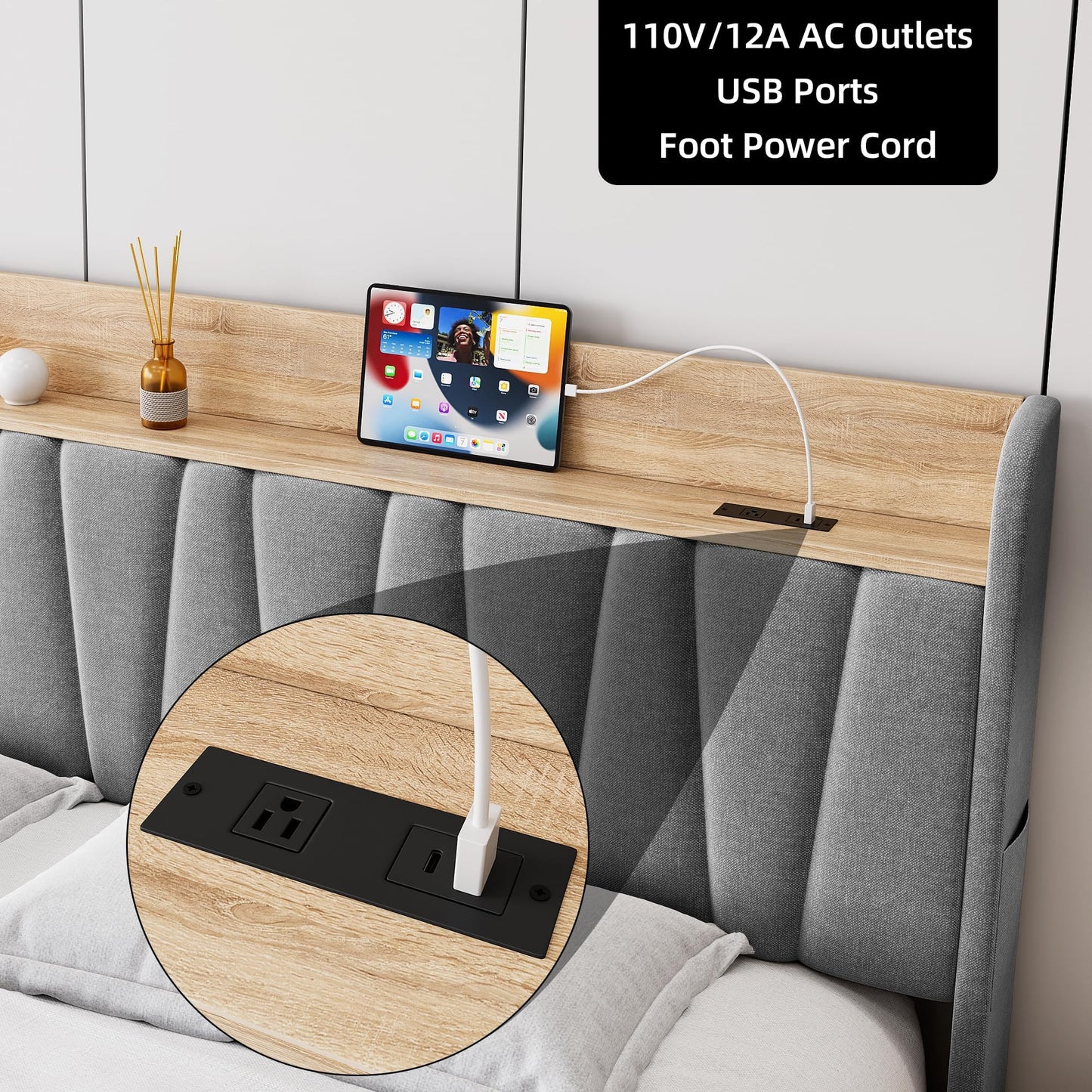 Queen Size Bed Frame with Headboard, Wooden Full Bed Frame with Storage Headboard and Charging Station, Metal Platform BedFrame with Large Drawers, No Box Spring Needed, Easy Assembly, Grey