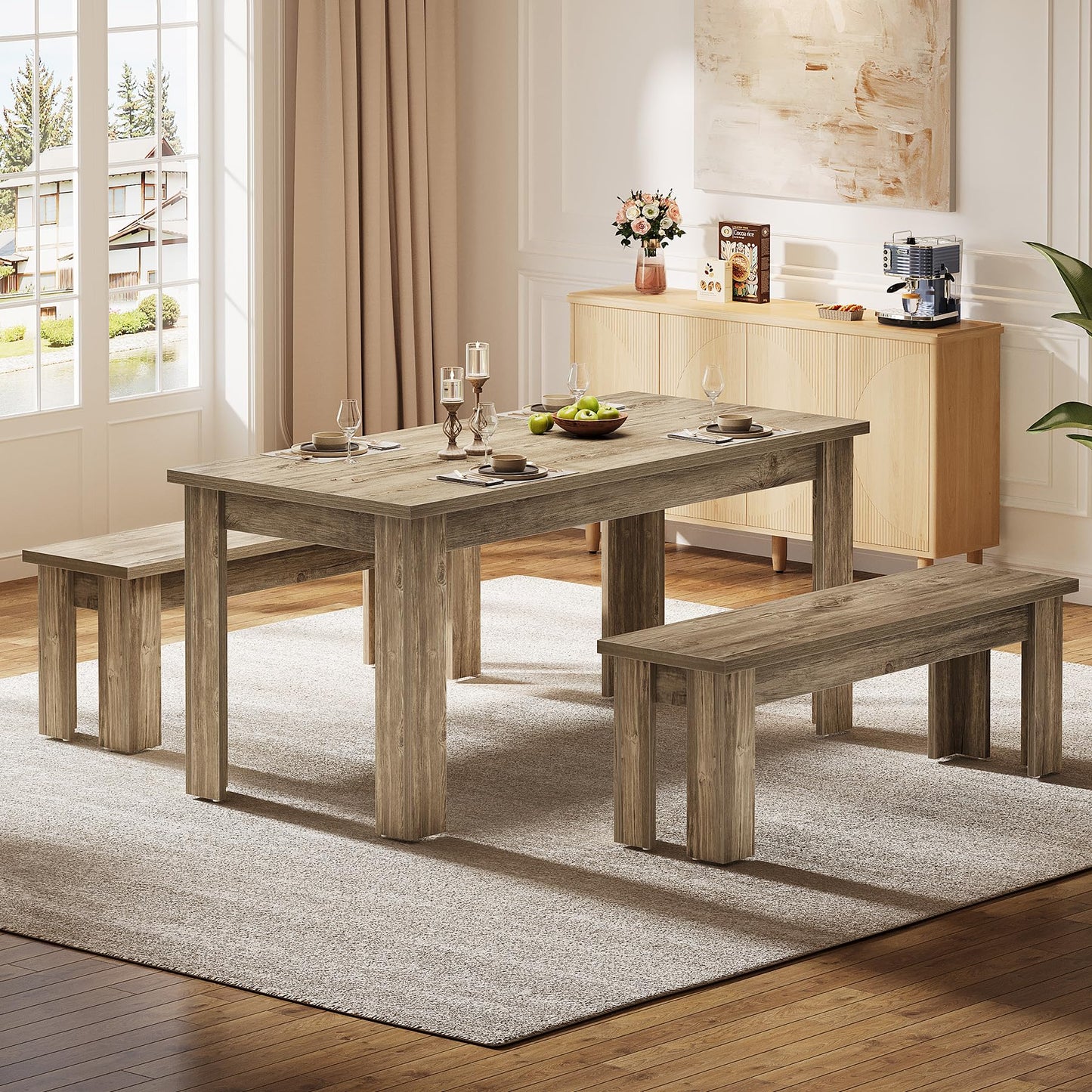 Tribesigns Dining Table Set for 6, 55.1-Inch Rectangle Kitchen Table with 2 Benches, 3-Piece Wooden Dining Room Table Set for Kitchen