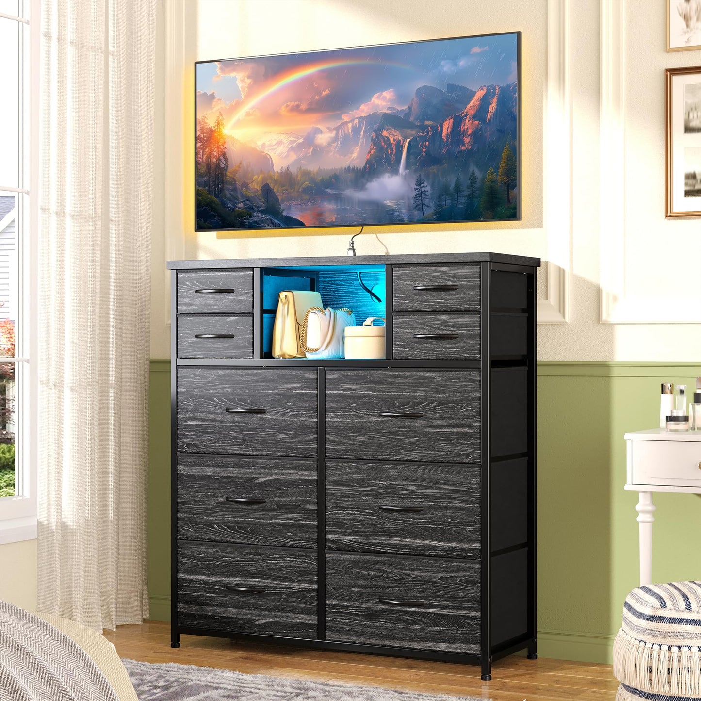 DurayLoly Dresser for Bedroom with Charging Station and LED and 10 Fabric Drawers, Sturdy Bedroom Dresser for Storage, Closet, Hallway (Black)