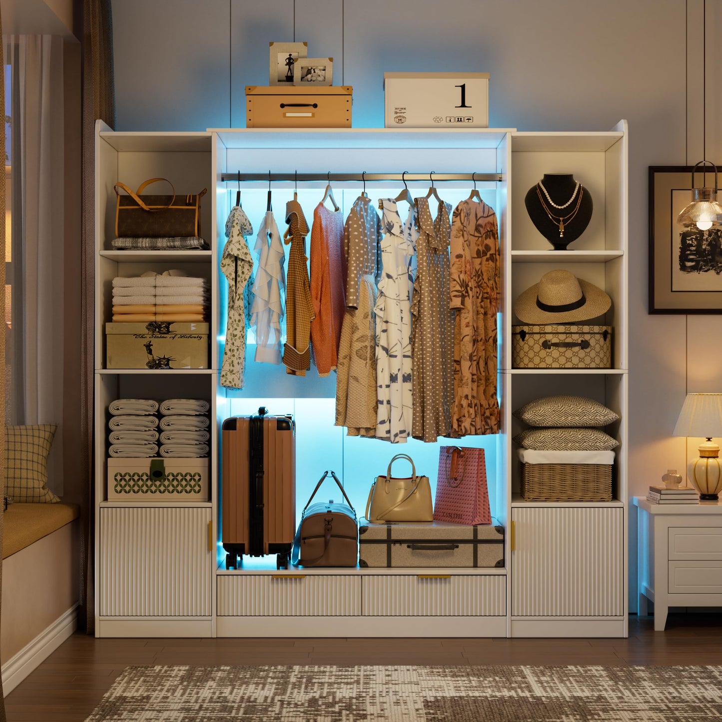 PAKASEPT Freestanding Closet System, 64.9" Stand-Alone Wardrobe with 6 Display Storage Cabinet & Hanging Rods & 2 Wood Drawers, Cloth Garment Rack with Multi Color Light, Walk-in Closet, White