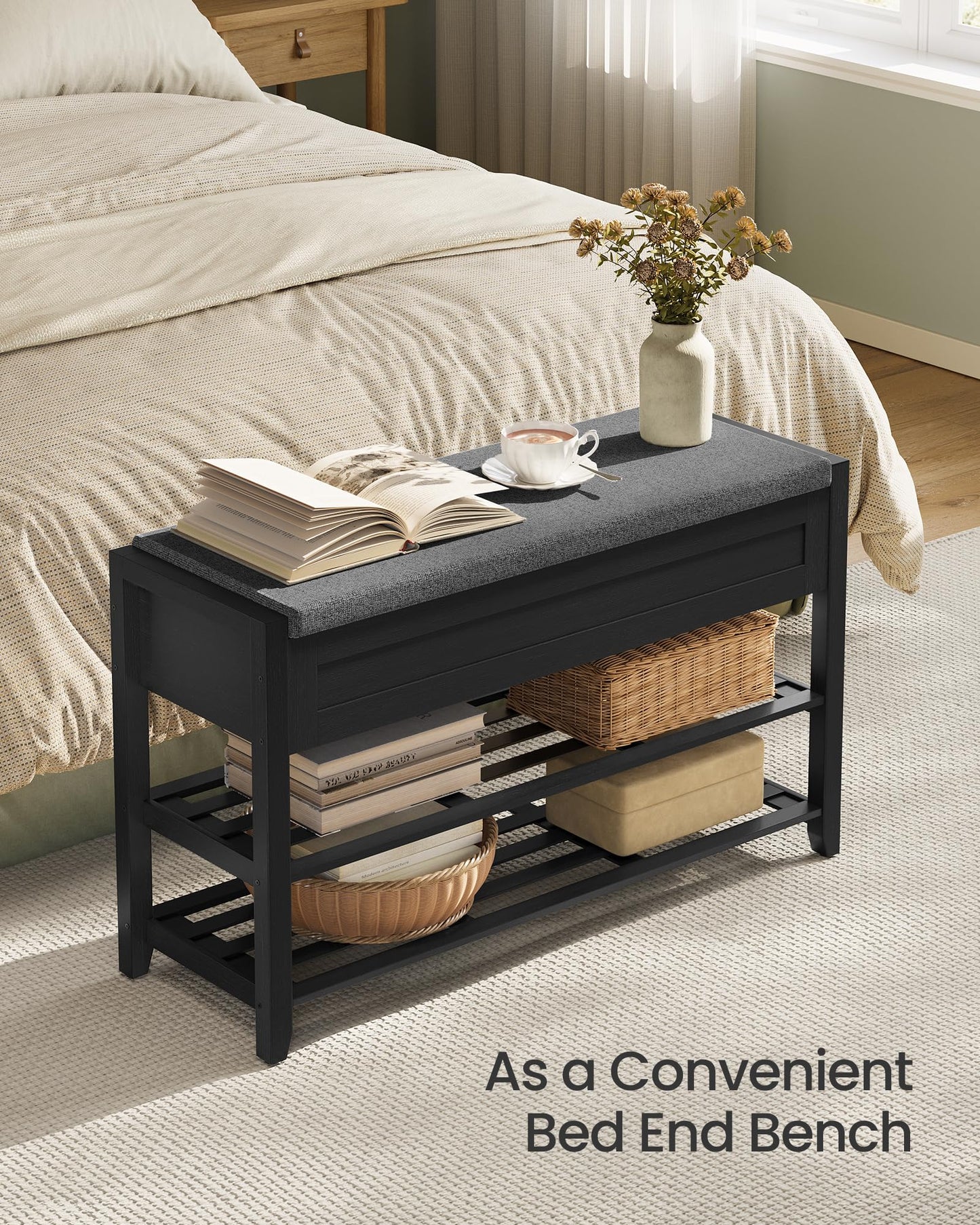 SONGMICS Storage Bench, Bamboo Shoe Rack, Entryway Furniture, 31.5 Inches Wide, Hidden Storage Compartments, 2-Tier Shoe Shelves, for Entryway, Living Room, Bedroom, Dorm, Ink Black ULSB056B01