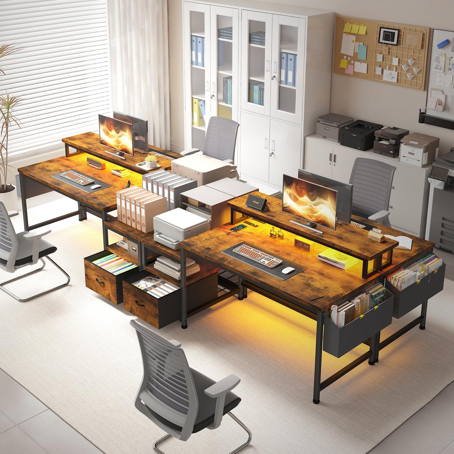 Computer Desk with Drawers and LED Lights,57" Gaming Desk with Power Outlets and Printer Space, Office Desk with File Drawers Cabinet,Study Table with Shelves Monitor Stand,Living Room,Rustic Brown