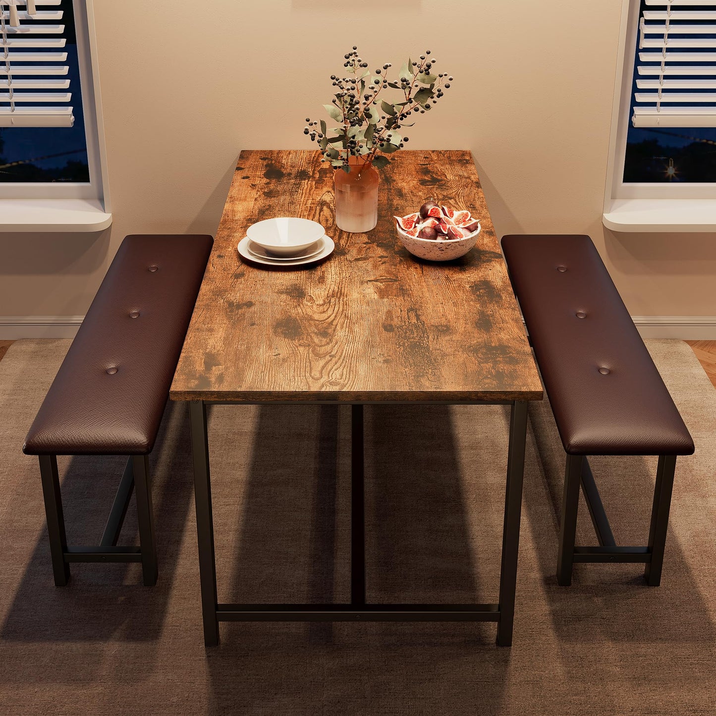 GarveeHome Dining Table Set for 4, Kitchen Table with 2 Upholstered Benches, Wood Kitchen Dining Room Set, for Small Space, Apartment, Home, Dinner, Retro Brown