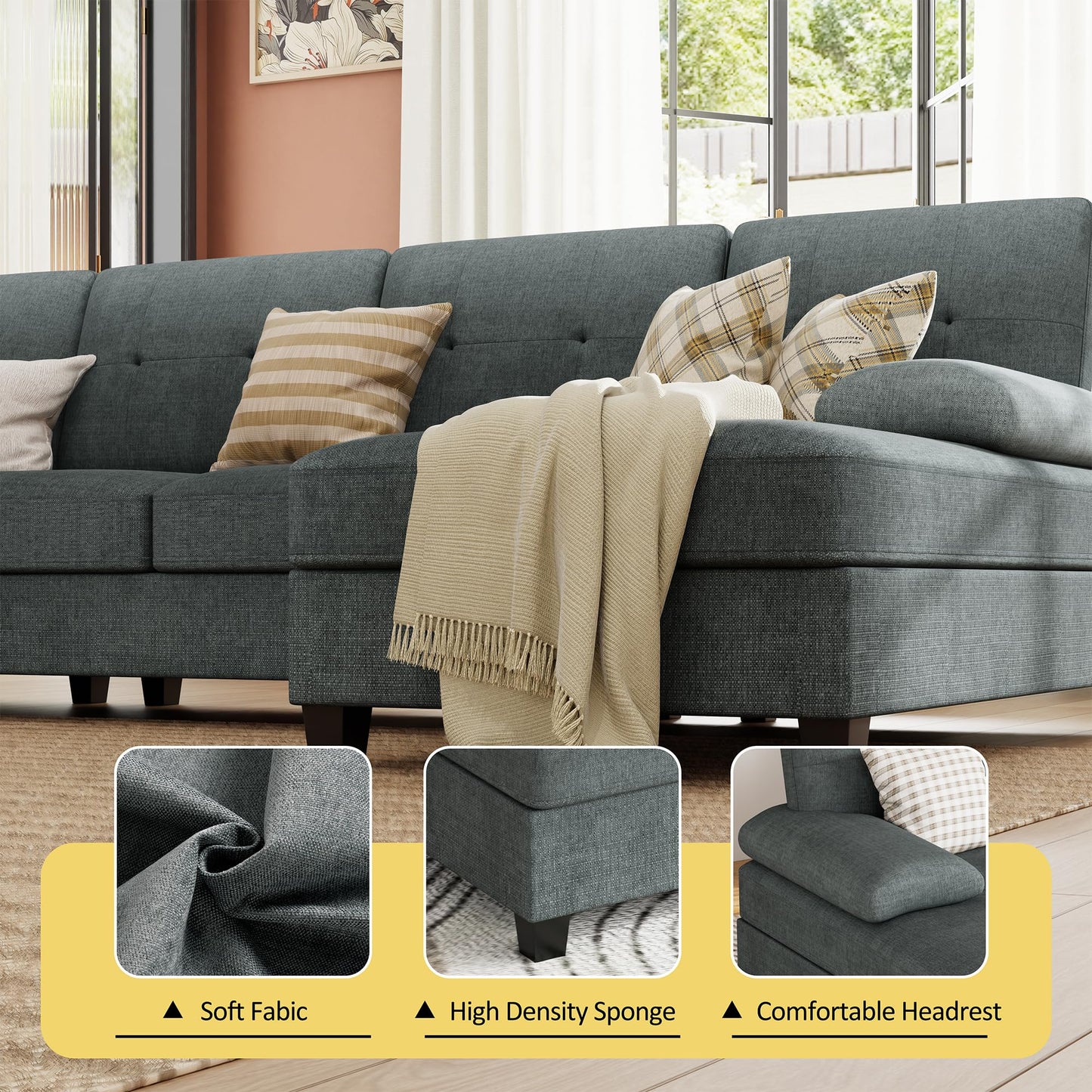 Nutually U Shaped Sectional Couches for Living Room, 4-Seat Sofa Set with Double Chaise, Modular Sectional Sofa Couch for Apartment, Reception Room（Dark Gray）