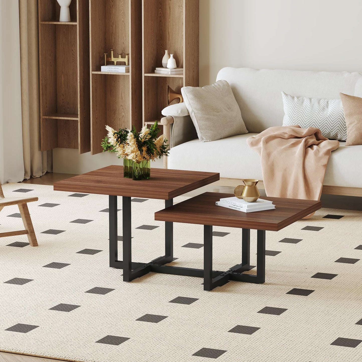 Modern Coffee Table,47" Double Layer Coffee Table,Walnut Color Square Center Tables for Living Room, Easy to Assemble and Clean