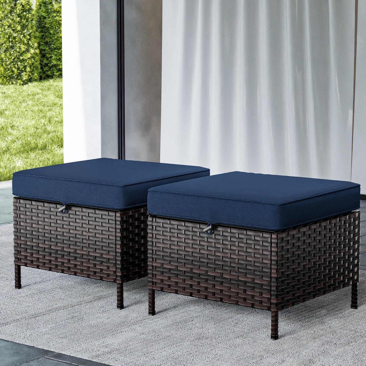 MaxMulti Patio Ottomans Set of 2, All-Weather Outdoor Wicker Ottoman with Thick Removable Cushion, 2 Piece Patio Footrest PE Rattan Ottomans for Garden, Porch, Poolside (Blue)