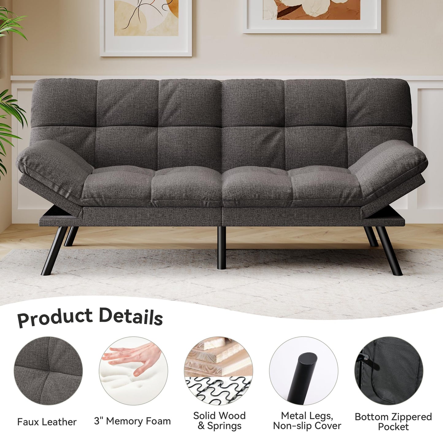 AMICLIBER Convertible Futon Sofa Bed,71" Memory Foam Futon Couch,Detachable Cushion,Adjustable Backrest & Armrest,Linen Modern Loveseat Sleeper Recliner for Living Room,Office,Apartment,Classic Grey