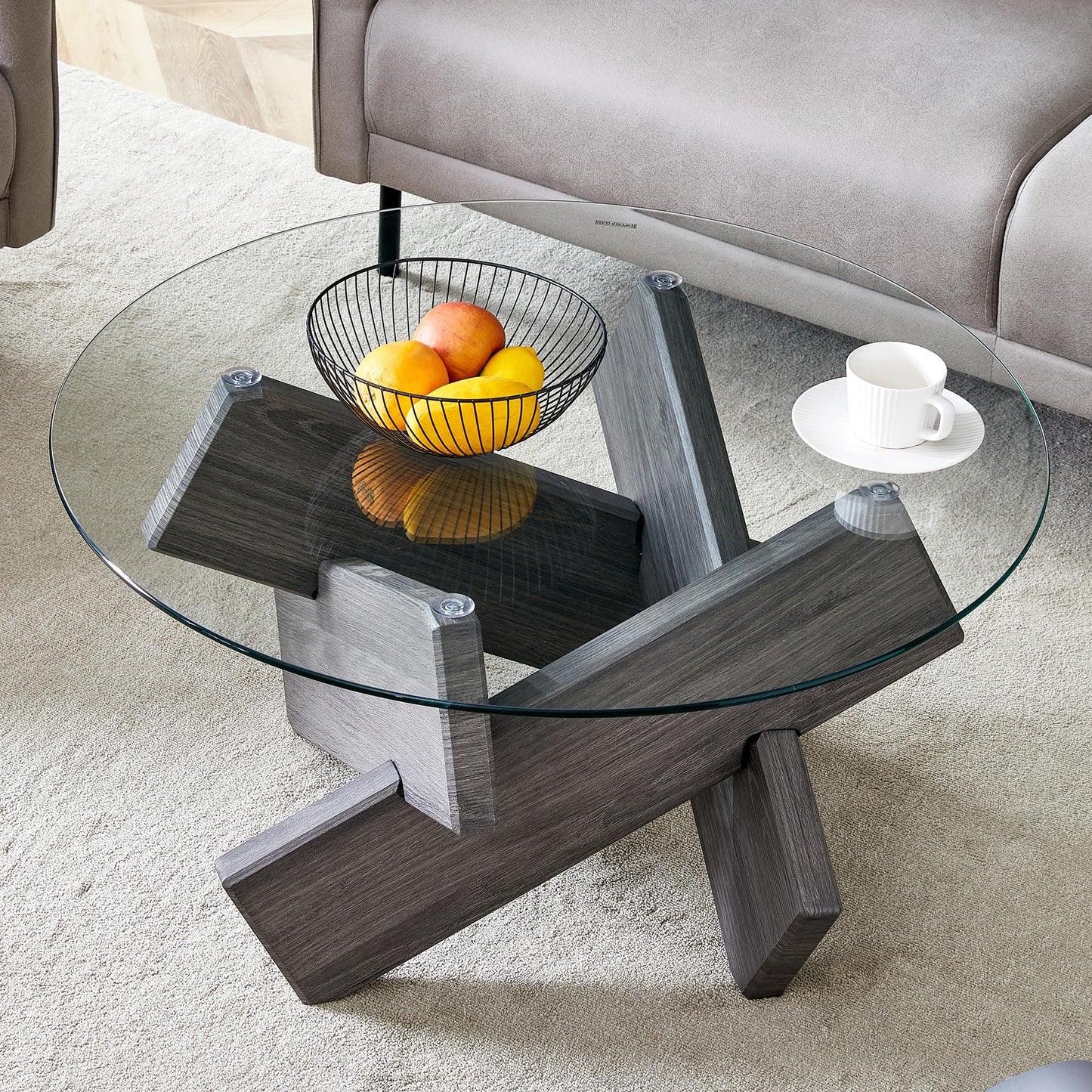 Gray Round Glass Coffee Table,33-Inch Small Modern for Living Room Clear Circle Accent Table Adapts to Farmhouse and Contemporary Decor