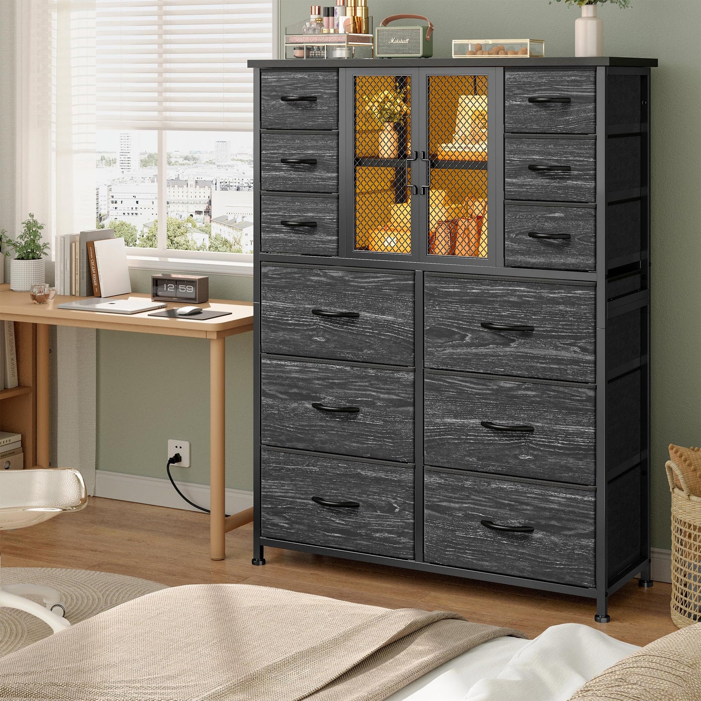 EnHomee Tall Dresser for Bedroom with Charging Station & LED & Mesh Door, 12 Fabric Drawer Dressers & Chests of Drawers, Wooden Top, Metal Frame, Black, 11.8" D x 37.8" W x 50.6" H