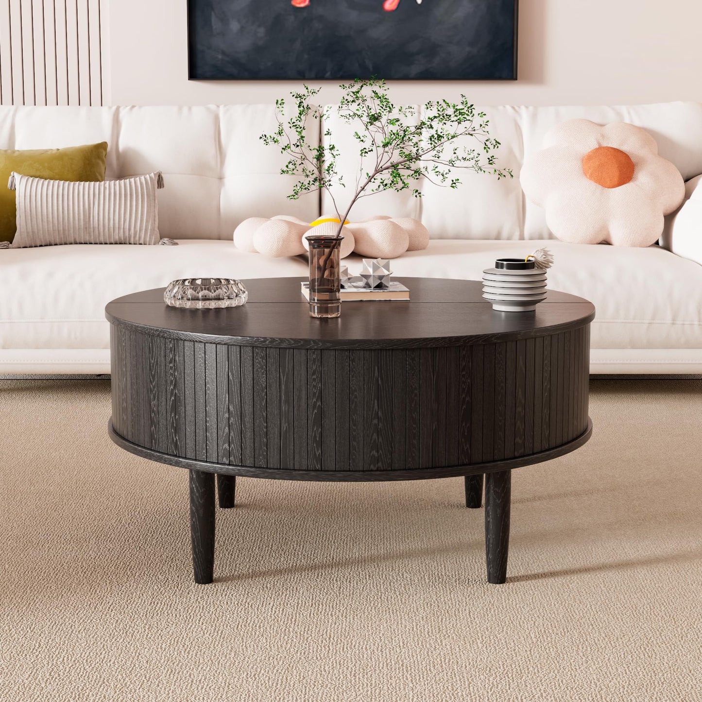 Round Fluted Lift Top Coffee Table with Storage, Mid Century Modern Coffee Table for Living Room, Home Small Space,31.5" Fluted Center Table (Black, 31.5inch)
