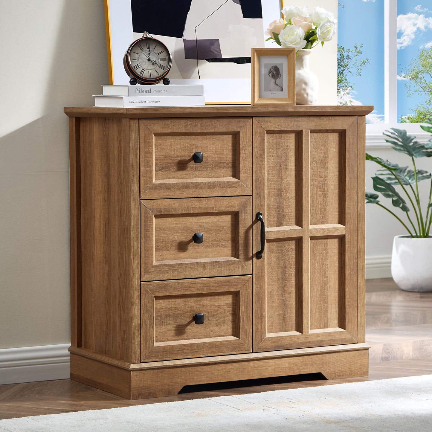 HDDDZSW 3+1 Dresser for Bedroom, Log Dressers Storage with Wooden Drawers and Cross Door, TV Stand Chest of Drawers for Bedroom, Living Room