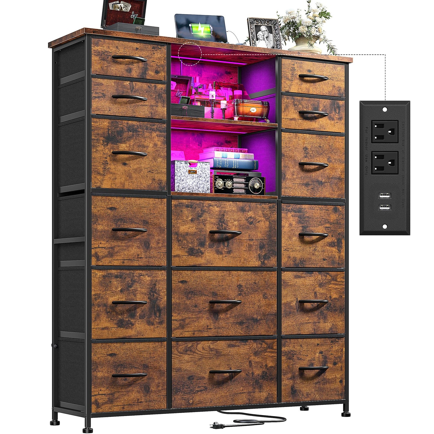 Romorgniz Tall Dresser for Bedroom with Charging Station and LED, Fabric Chests of Drawers with 15 Drawers and Extra 2 Open Shelves for Storage and Organization, for Closet, Hallway (Rustic Brown)