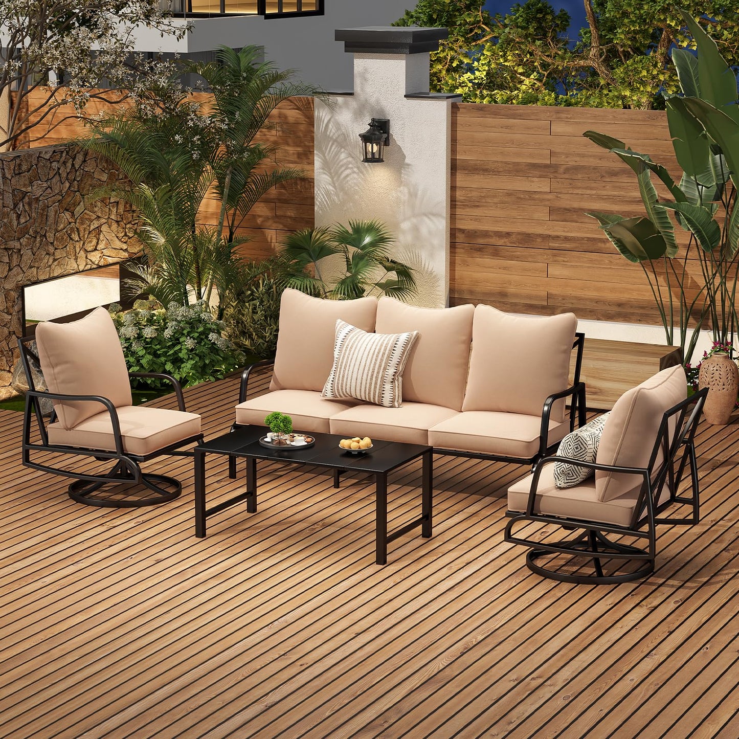 Soohow Patio Furniture Set, 4 Piece Outdoor Patio Furniture Set, 2 x Outdoor Swivel Chair, 1 x 3-Seats Sofa and 1 x Coffee Table, Metal Conversation Set for Porch, Balcony, and Backyard