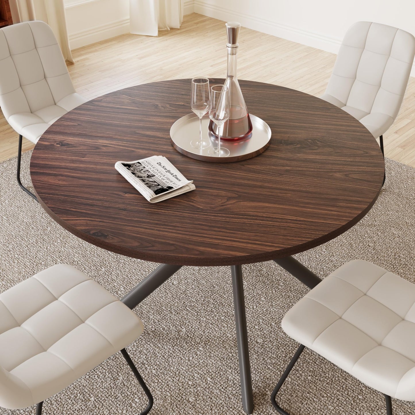 HIPIHOM 45.3 Inch Round Dining Table Set for 4, Mid Century Modern Small Coffee Set for Dining Room Kitchen Apartment (Walnut Table + 4 U-Shaped White Chairs)