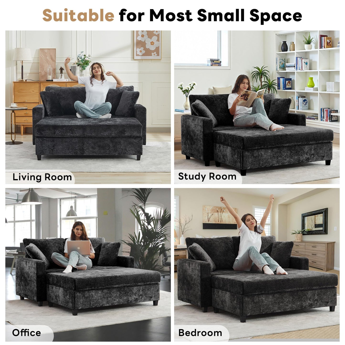 Tbfit 59.4'' Oversized Chaise Lounge Chair Indoor, Upholstered Loveseat Sofa with Storage Ottoman, Pillows & Armrests, Chenille Sleeper Chair, Comfy Couches for Living Room, Bedroom, Apartment, Black