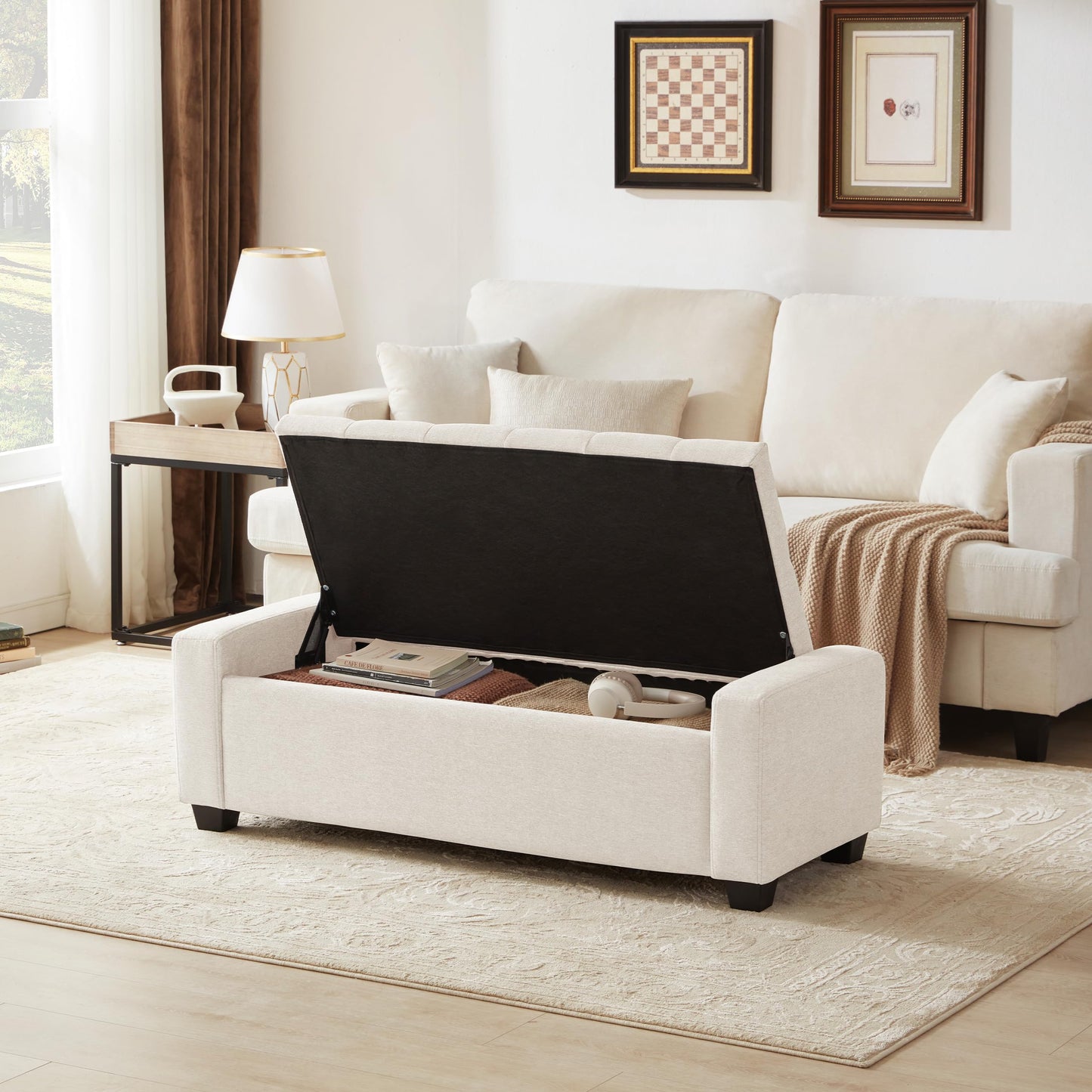 Huatean Home Ottoman with Storage, Storage Ottoman Bench with Safety Hinge, Upholstered Entryway Bench with Seating for Bedroom, Living Room, Holds up to 330 lb, Beige