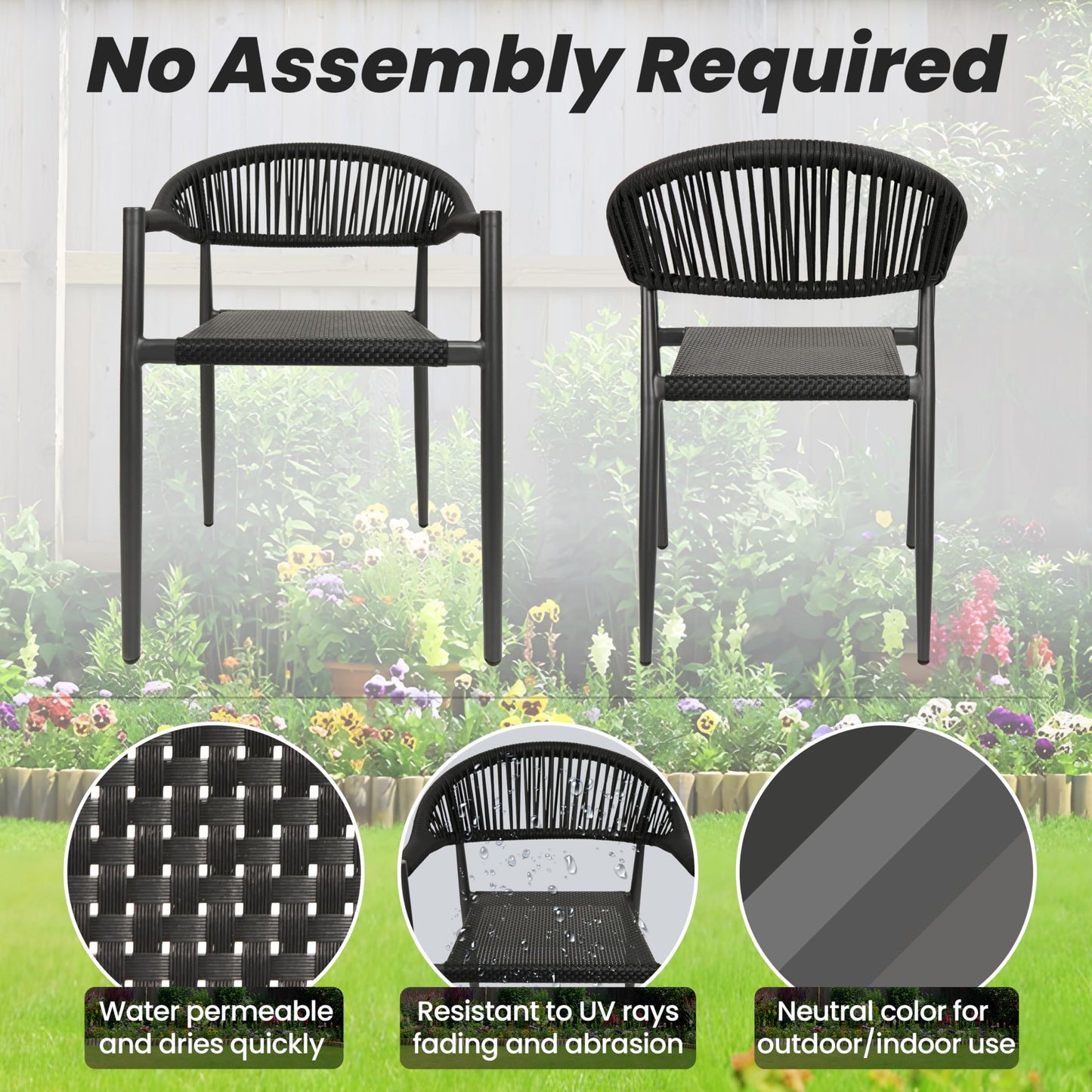 Erotr 4 Pcs Stackable Patio Dining Chairs, Aluminum Rattan Outdoor Dining Chair with Arms, Woven Rope Garden Armchair Metal No Assembly for Bistro Balcony Porch Deck Yard Cafe Restaurant, Black