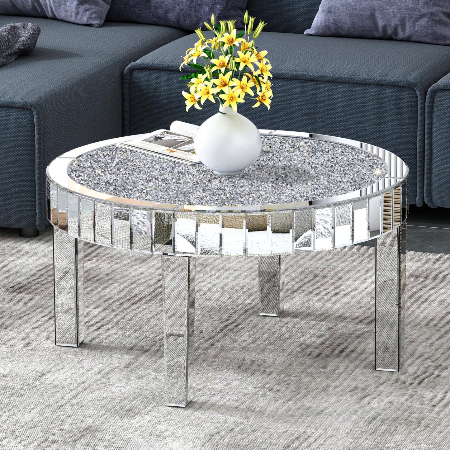 blingworld Mirrored Coffee Table with Crystal Inlay, 31.5'' Modern Round Coffee Table with Mirror Surface, Silver Accent Table for Living Rooms Bedrooms Entryways Decor