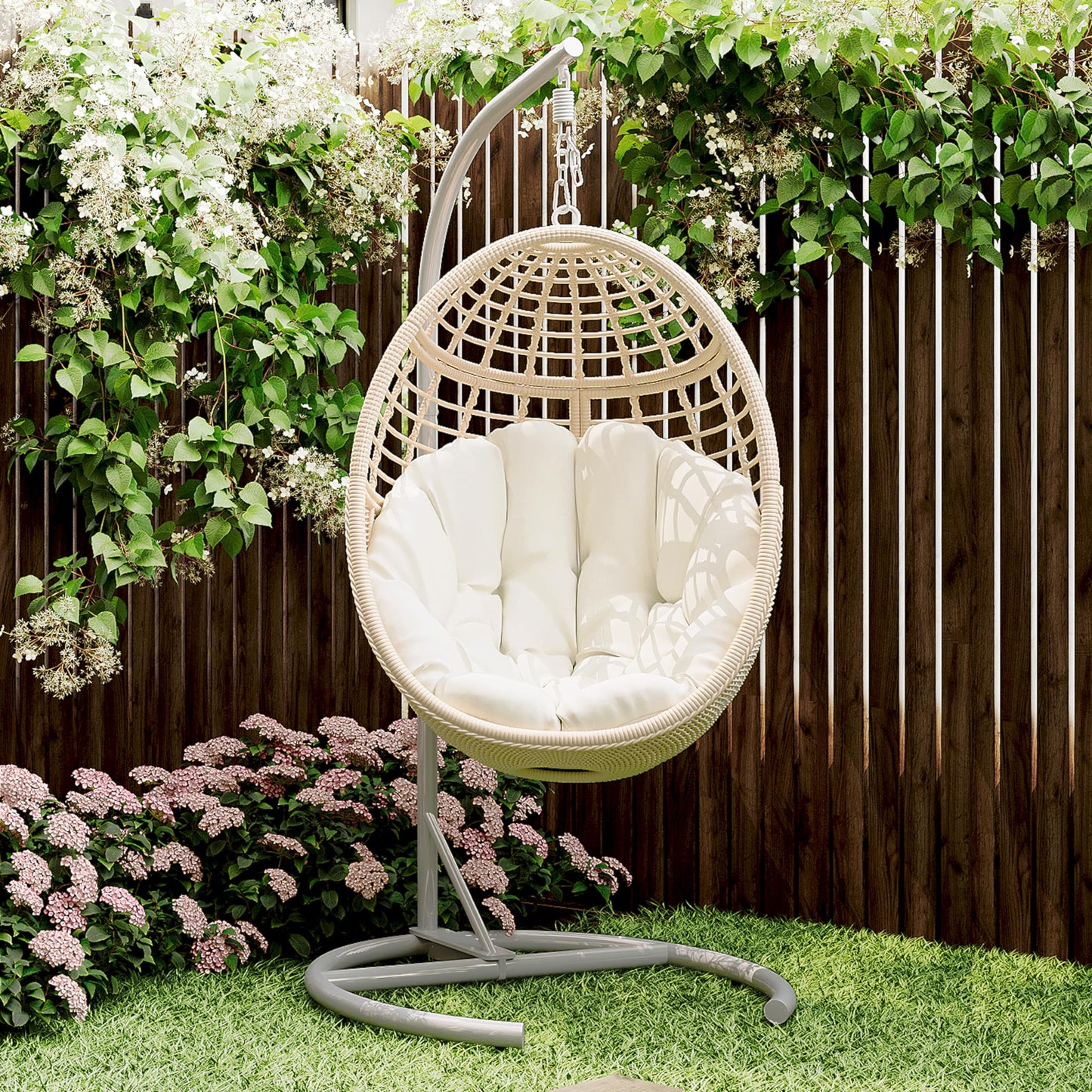 Erotr Egg Swing Chair with Stand: Hand Woven PE Rattan Hanging Chairs Hammock - Indoor Outdoor Swinging Lounger with Soft Cushion for 330lbs Patio Balcony Garden Living Room Bedroom Porch, Beige