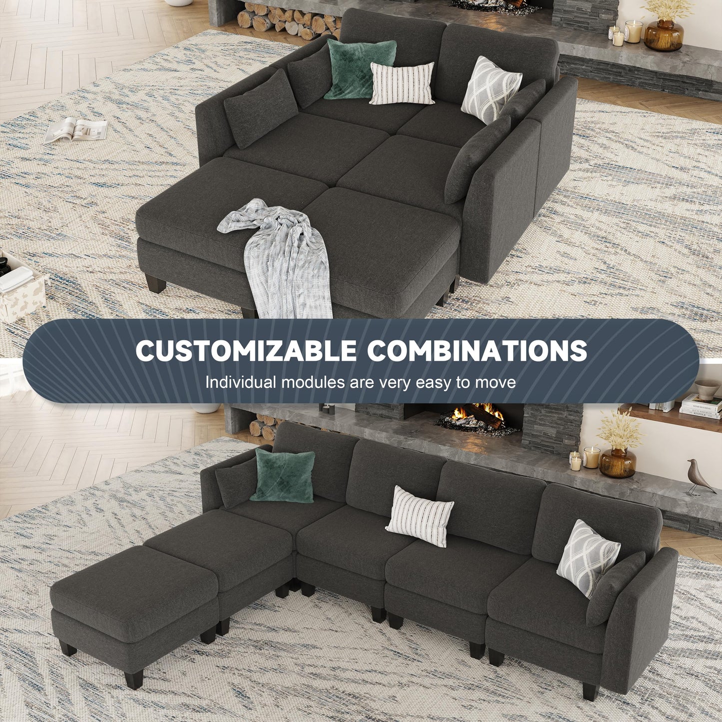 Huatean Home Modular Sectional Sofa, Convertible U Shaped Sofa Couch with High Density Memory Foam, 6 Seat Comfy Modular Sofa Couch for Living Room, Modern U Shaped Sectional Sofa, Dimgrey