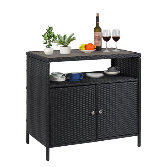 Outdoor Storage Cabinet with Doors, Weatherproof Wicker Patio Storage Box, Rattan Bar Table for Poolside, Backyard & Garden