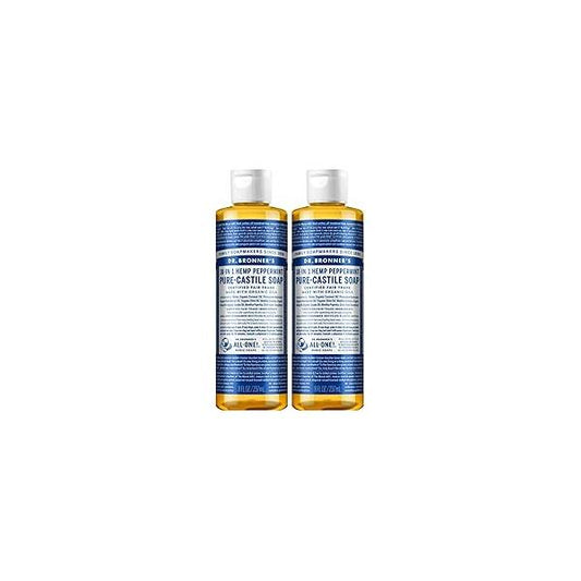 Dr. Bronner's Organic Peppermint Liquid Soap - 18-in-1 All-Purpose Cleaner with Invigorating Oil 8 Oz Size Gentle Cleansing for Body, Face, Home Natural, Formula (2-Pack)